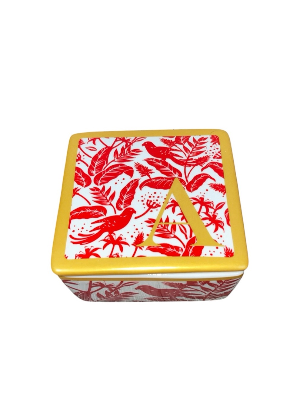 Monogrammed Decorative Tin Box - Red & Gold Bird Pattern